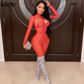Kliou Patchwork Sexy Jumpsuit Women Autumn Turtleneck Full Sleeve Skinny Rompers Female Hot Overoll Shiny Party Streetwear 2021